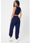 Kadın Lacivert Kaşkorse Cepli Jogger Eşofman Altı ve Crop Top Bluz