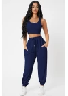 Kadın Lacivert Kaşkorse Cepli Jogger Eşofman Altı ve Crop Top Bluz