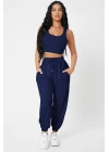 Kadın Lacivert Kaşkorse Cepli Jogger Eşofman Altı Ve Crop Top Bluz