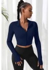 Kadın Lacivert Uzun Kol Fermuarlı Parmak Geçme Detaylı Dik Yaka Crop Top Bluz