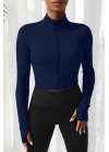 Kadın Lacivert Uzun Kol Fermuarlı Parmak Geçme Detaylı Dik Yaka Crop Top Bluz