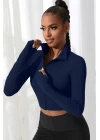 Kadın Lacivert Uzun Kol Fermuarlı Parmak Geçme Detaylı Dik Yaka Crop Top Bluz