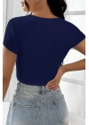 Kadın Lacivert Yarım Kol Düz Yaka Crop Top Bluz