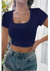 Kadın Lacivert Yarım Kol Düz Yaka Crop Top Bluz