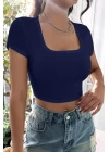 Kadın Lacivert Yarım Kol Düz Yaka Crop Top Bluz