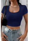 Kadın Lacivert Yarım Kol Düz Yaka Crop Top Bluz