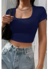 Kadın Lacivert Yarım Kol Düz Yaka Crop Top Bluz