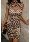 Kadın Leopar Desenli Cut-Out Detaylı Dekolteli Kolsuz Şık Gecelik
