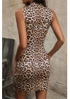 Kadın Leopar Desenli Cut-Out Detaylı Dekolteli Kolsuz Şık Gecelik