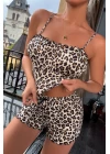 Kadın Leopar Desenli Şortlu Fırfırlı Gecelik Takımı