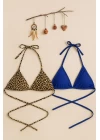 Kadın Leopar Desenli ve Mavi Minimal Kesim Üçgen Bikini Üstü