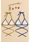 Kadın Leopar Desenli ve Mavi Minimal Kesim Üçgen Bikini Üstü