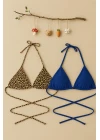 Kadın Leopar Desenli ve Mavi Minimal Kesim Üçgen Bikini Üstü