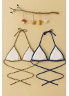 Kadın Leopar Desenli ve Mavi Minimal Kesim Üçgen Bikini Üstü