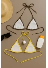 Kadın Leopar Desenli ve Sarı Minimal Kesim Üçgen Bikini Üstü