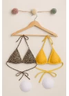 Kadın Leopar Desenli ve Sarı Minimal Kesim Üçgen Bikini Üstü