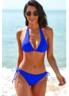 Kadın Mavi Belden, Boyundan Bağlamalı ve Ayarlanabilir Külotlu Üçgen Bikini Mayo Takımı