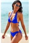 Kadın Mavi Belden, Boyundan Bağlamalı ve Ayarlanabilir Külotlu Üçgen Bikini Mayo Takımı