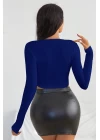 Kadın Mavi Uzun Kol Kare Yaka Crop Top Bluz
