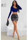 Kadın Mavi Uzun Kol Kare Yaka Crop Top Bluz