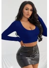 Kadın Mavi Uzun Kol Kare Yaka Crop Top Bluz