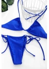 Kadın Mavi Yandan Bağlamalı Tangalı Üçgen Bikini Mayo Takımı