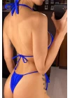 Kadın Mavi Yandan Bağlamalı Tangalı Üçgen Bikini Mayo Takımı