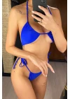 Kadın Mavi Yandan Bağlamalı Tangalı Üçgen Bikini Mayo Takımı