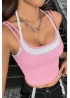 Kadın Pembe Beyaz Çift Renk Çapraz Askılı Crop Top Bluz