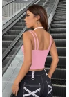 Kadın Pembe Beyaz Çift Renk Çapraz Askılı Crop Top Bluz