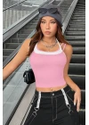 Kadın Pembe Beyaz Çift Renk Çapraz Askılı Crop Top Bluz