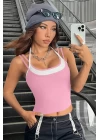 Kadın Pembe Beyaz Çift Renk Çapraz Askılı Crop Top Bluz