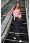 Kadın Pembe Beyaz Çift Renk Çapraz Askılı Crop Top Bluz