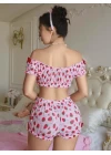 Kadın Pembe Çilek Desenli Sexy Kostüm 8014