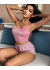 Kadın Pembe Çizgili Desen Askılı Şortlu Pijama Takım 9002