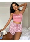 Kadın Pembe Çizgili Desen Askılı Şortlu Pijama Takım 9002