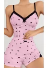 Kadın Pembe Kalp Desenli Askılı Şortlu Pijama Takım 6647
