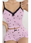 Kadın Pembe Kalp Desenli Askılı Şortlu Pijama Takım 6647