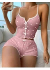 Kadın Pembe Kalpli Askılı Şortlu Pijama Takım 6654