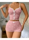Kadın Pembe Kalpli Askılı Şortlu Pijama Takım 6654