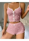Kadın Pembe Kalpli Askılı Şortlu Pijama Takım 6654