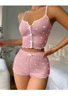 Kadın Pembe Kalpli Askılı Şortlu Pijama Takım 6654