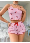 Kadın Pembe Kiraz Desenli Askılı Şortlu Pijama Takım 6656