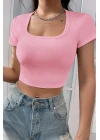 Kadın Pembe Yarım Kol Düz Yaka Crop Top Bluz