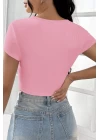 Kadın Pembe Yarım Kol Düz Yaka Crop Top Bluz