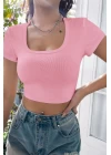 Kadın Pembe Yarım Kol Düz Yaka Crop Top Bluz