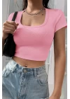 Kadın Pembe Yarım Kol Düz Yaka Crop Top Bluz