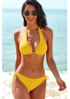 Kadın Sarı Belden, Boyundan Bağlamalı ve Ayarlanabilir Külotlu Üçgen Bikini Mayo Takımı
