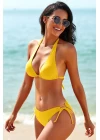 Kadın Sarı Belden, Boyundan Bağlamalı ve Ayarlanabilir Külotlu Üçgen Bikini Mayo Takımı