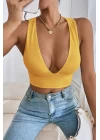 Kadın Sarı Çapraz Sırt Detaylı Şık Crop Top Büstiyer